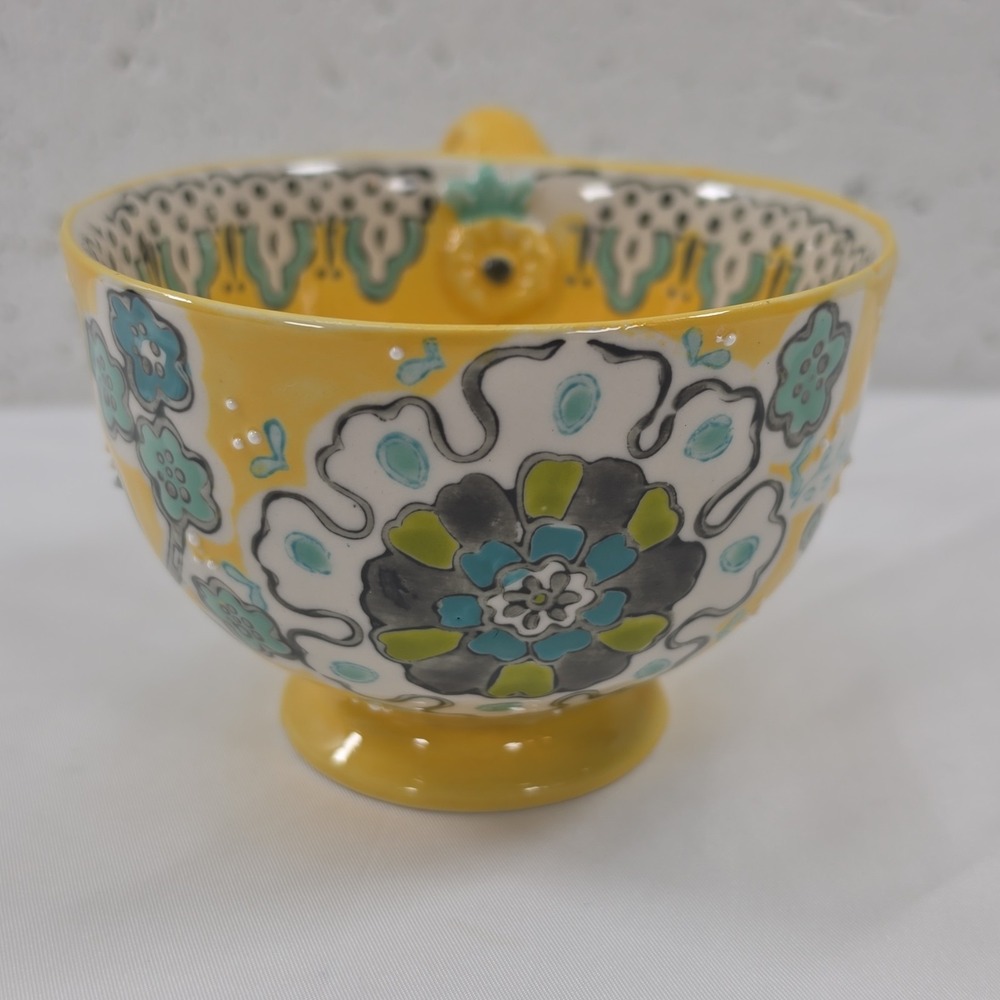 Anthropologie Elka Ayaka Pedestal Cup Mug Yellow Teal Floral Twisted Handle 10oz - Picture 2 of 11